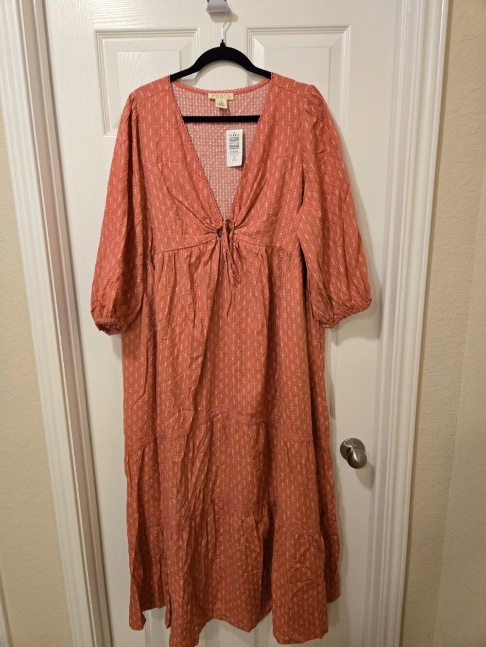 Rust Tie-Front Maxi Dress with Long Sleeves - Picture 8 of 13